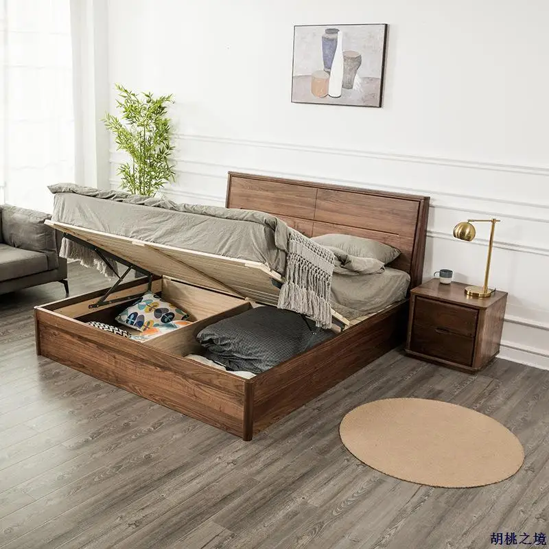 Letto matrimoniale a scatola in legno massello di noce nera nordamericana