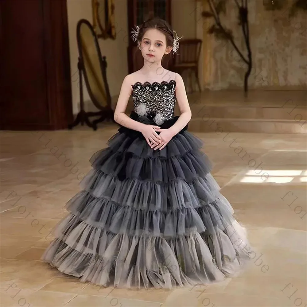Customized Black Flower Girl Dress Ball Gown Floor Length Strapless Sleeveless Tulle Sequin Ruffle Wedding Party Gown for Kids