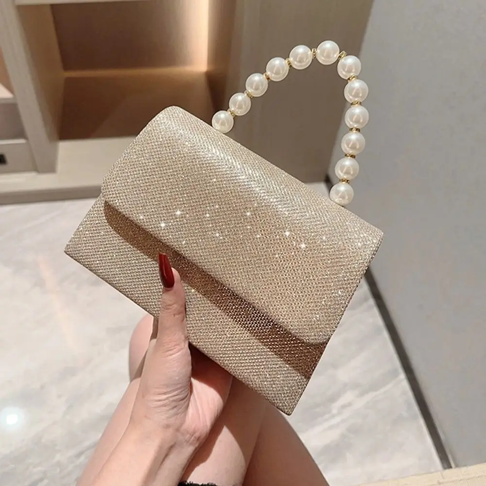 

Elegant Gold Bright Silk Evening Bag Pearl Chain Banquet Clutch Purse Women Female