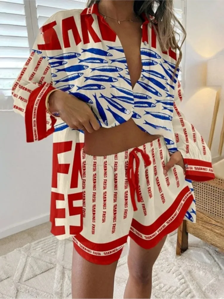 

Digital Printed Women Summer Beach Vacation Fashionable Shorts Set Casual Short Sleeved Shirt Top+wide Leg Shorts Two-piece Set