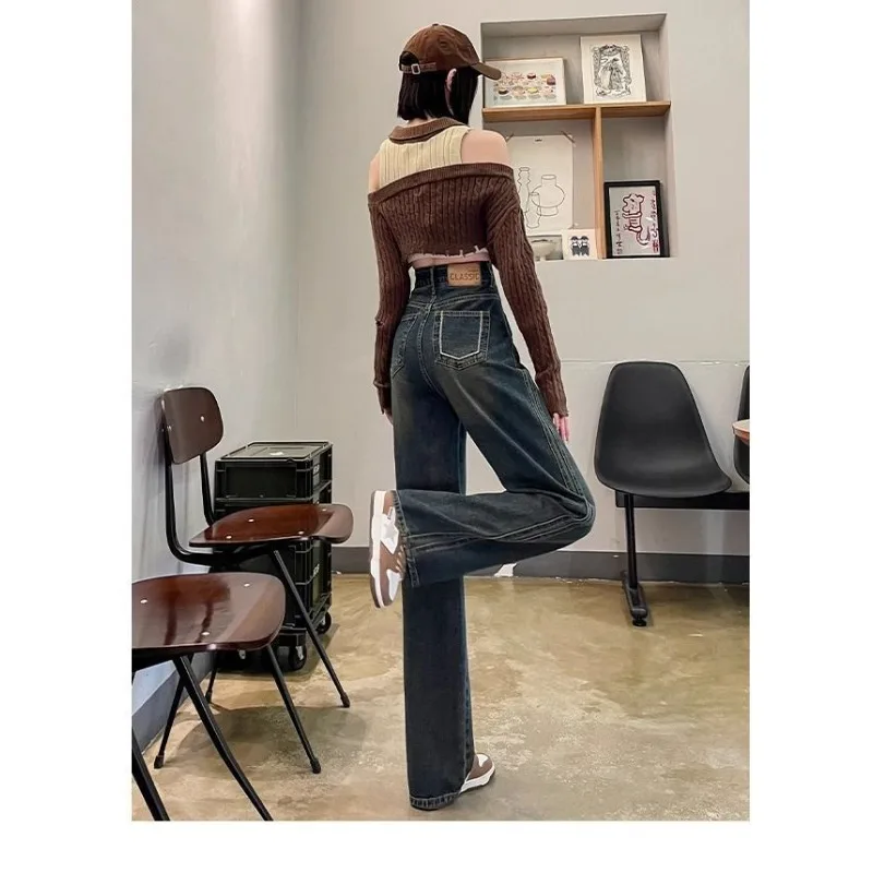 Nieuwe dames retro dikkere fluwelen wijde pijpen jeans herfst winter hoge taille rechte broek vrouwelijke casual denim broek