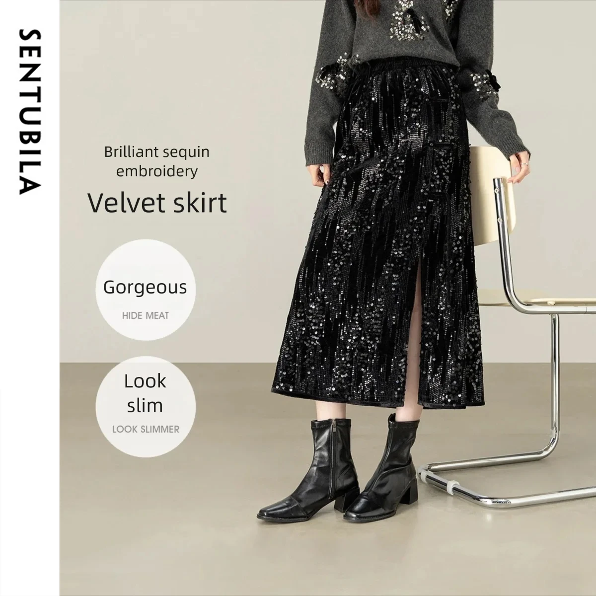 

SENTUBILA женская юбка трапециевидной формы с вышивкой бисером, бархатная эластичная талия с боковым разрезом, облегающая элегантная вечерняя юбка 154QA3960