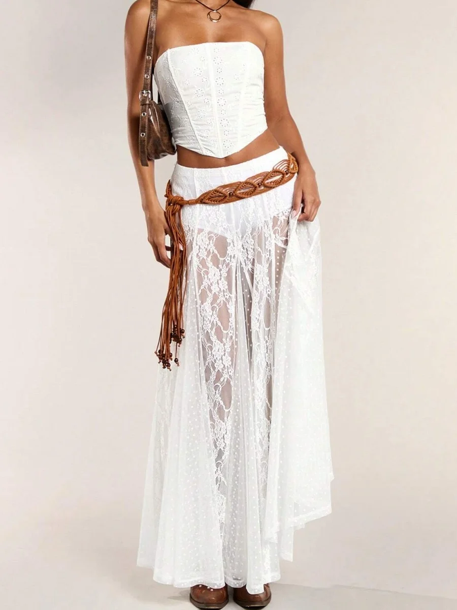 Falda larga transparente de encaje Floral para mujer, falda Sexy Y2k Coqueta elástica de cintura baja, falda larga y fluida, pantalones para fiesta y Club