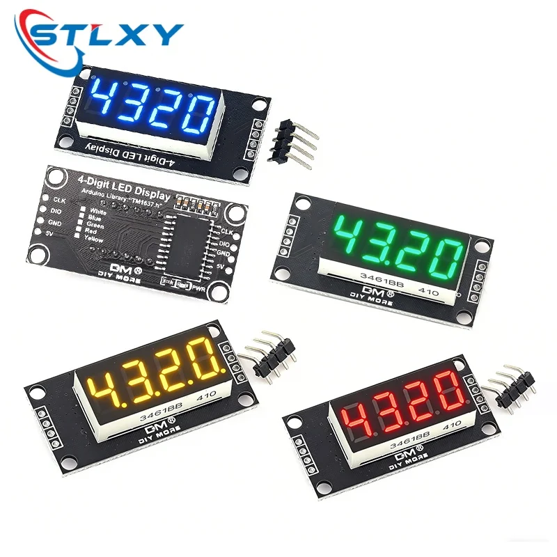 Stlxy TM1637 4 Digit LED Display Module 0.36 Inch Dimmable Black Digital Tube Red Green Yellow Blue White Light