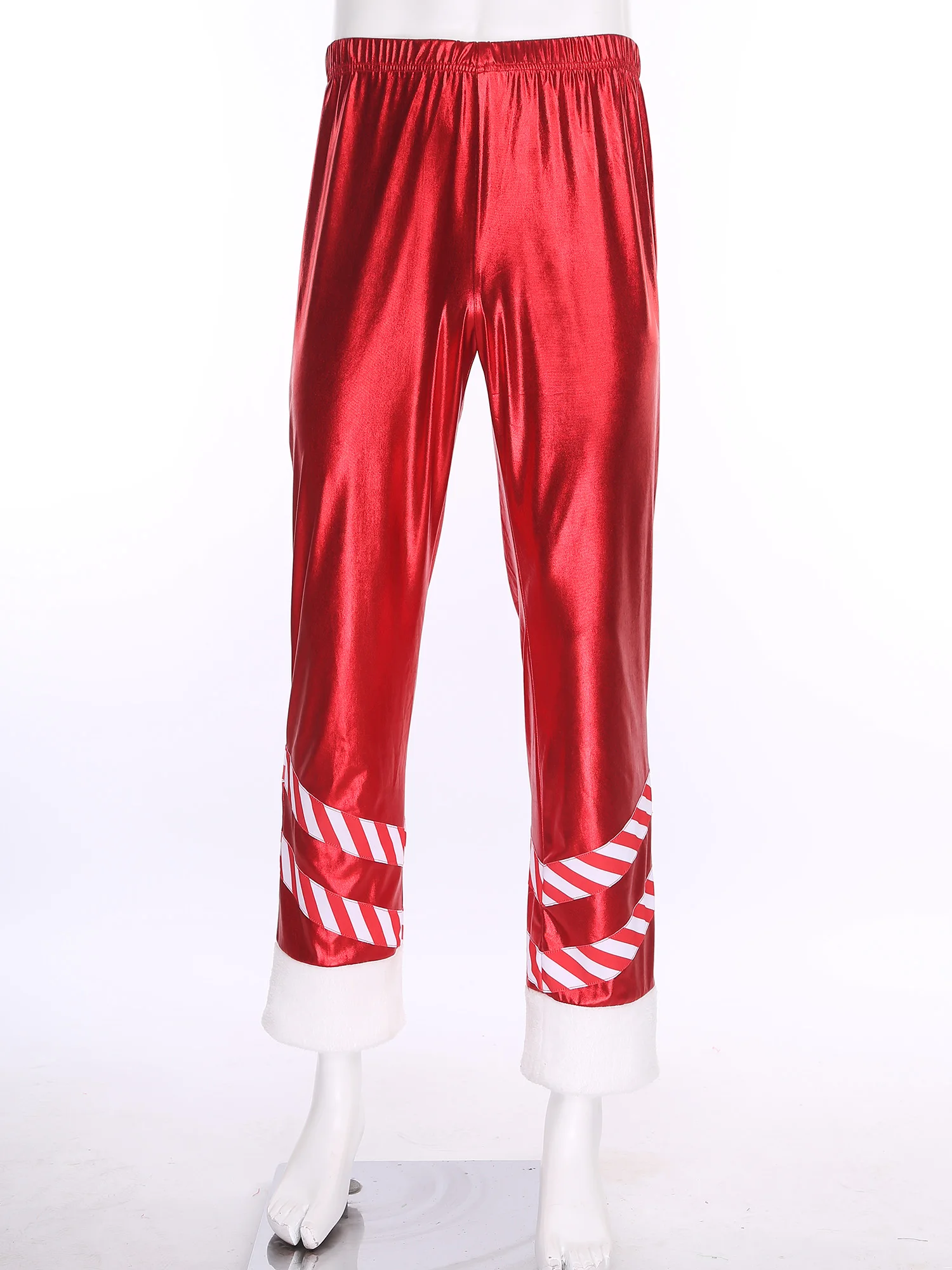 الرجال سانتا مخطط زي أداء السراويل المعدنية لامعة مطاطا حزام واسعة الساق السراويل الطويلة لعيد الميلاد السنة الجديدة تأثيري الطرف