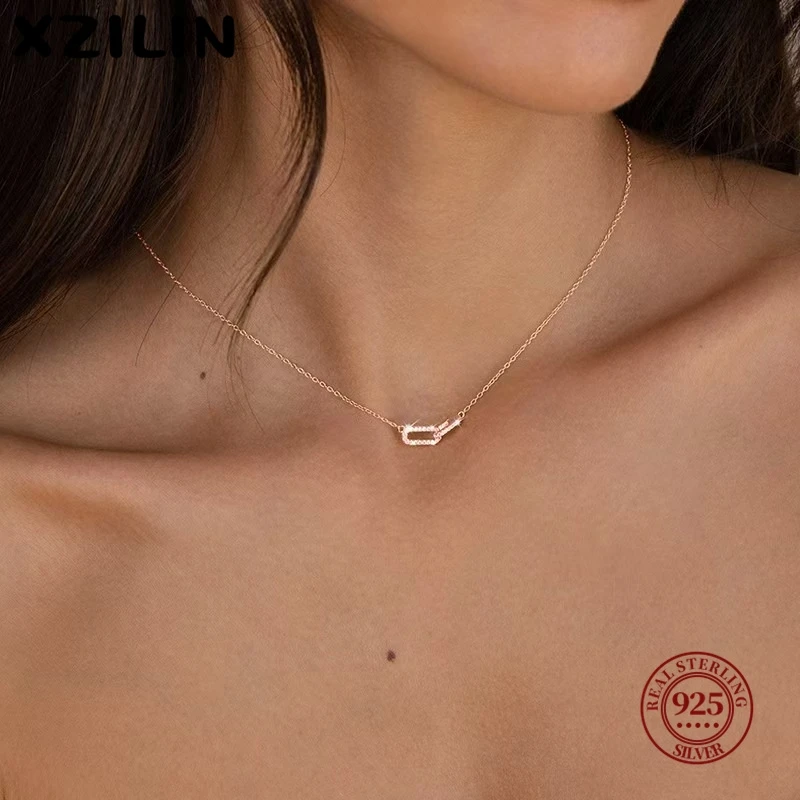 

XZiLin S925 Sterling Silver Geometric Smooth Necklace Women With Interlocking Collarbone Chain Holiday Gift Party Fine Jewelry