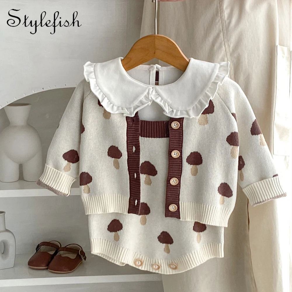 Autumn New 0-3 Year Old Baby Clothing Knitted Cotton Sweater Set Cute Mushroom Jacquard Coat+Hopper Two Piece Set