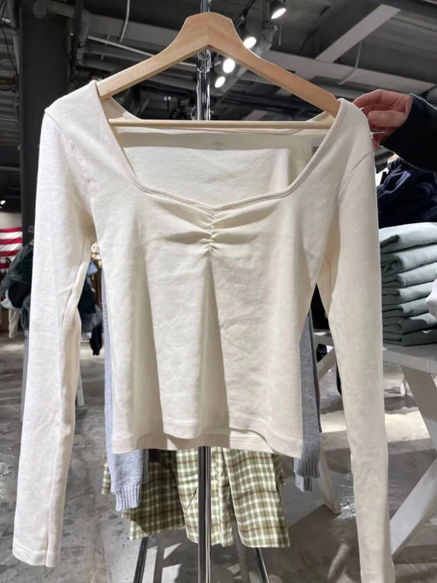 V Neck Slim Long Sleeve T-shirts Fashion Tight Folds Basic Crop Top Woman Spring Solid Color Casual Street Y2K Summer Tees