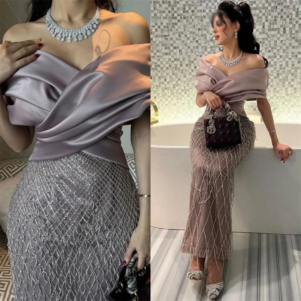 Customized  Exquisite  Off-the-shoulder Sheath Cocktail  Sequin Fold S Occasion Evening Gown cocktail dresses for women