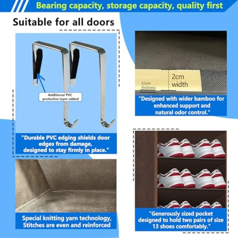 Over The Door Shoe Organizer with 70 Pounds Heavy Duty Capacity for Up to 20-30 Pairs Extra Deep Pockets Designed for Mens Size