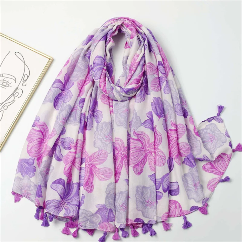 Fashion Poppy Floral Tassel Viscose Scarf Lady Print Shawls And Wraps Beach Cover Pashmina Stole Bufandas Muslim Sjaal 180*90Cm