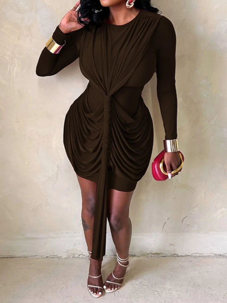 セクシーなツイストタイドレープミニボディコンワンピース レディース 無地 Oネック 長袖 ハイウエスト リボン スリム 秋 パーティー クラブドレス