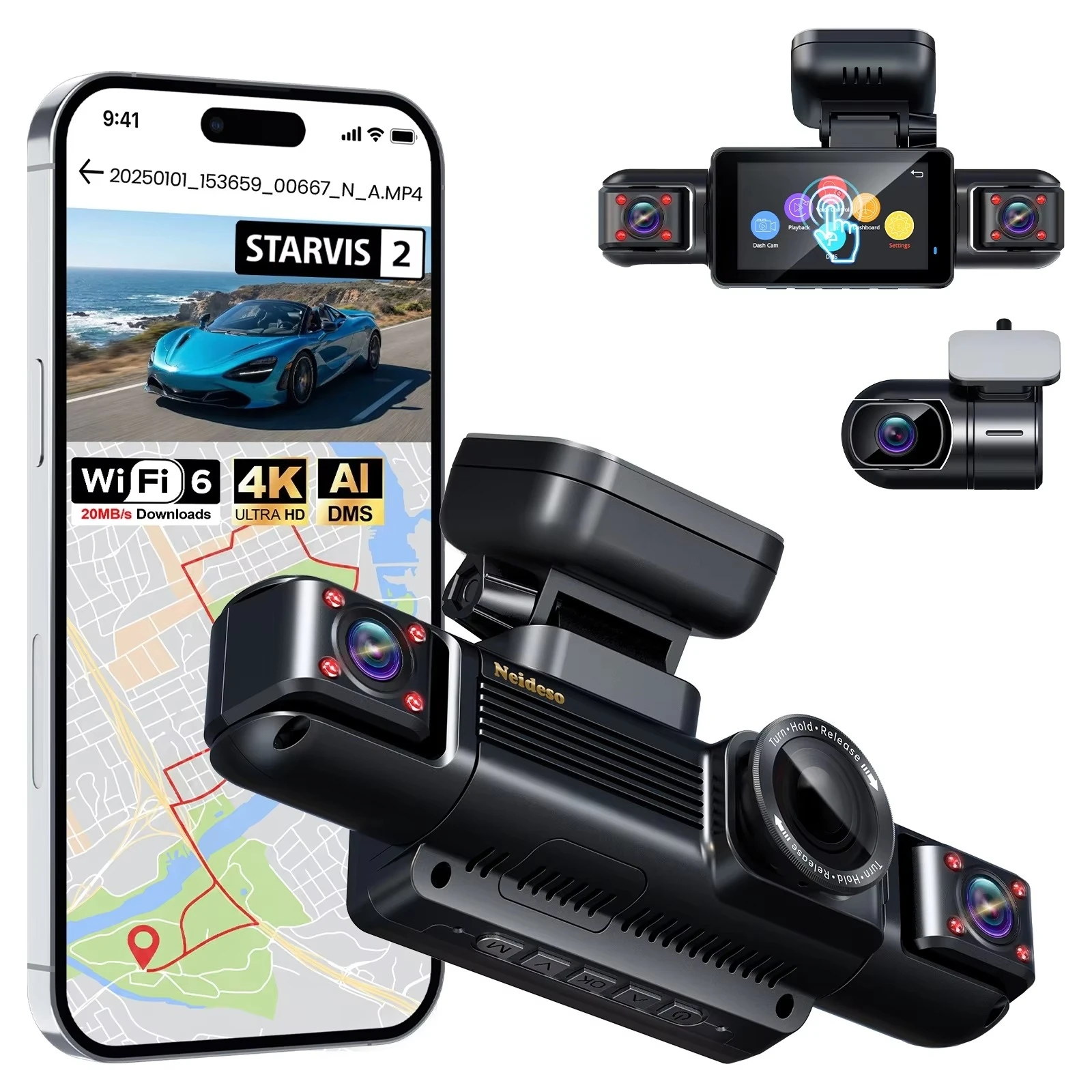 4 Channel Dash Cam STARVIS 2 Sensor Front 4K Rear And Interior 1080P 3-Inch Touchscreen Built-in GPS Parking Monitor
