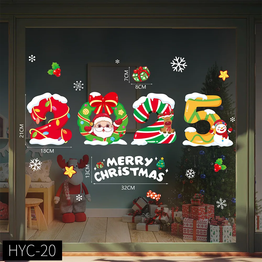 Happy New Year 2025 Window Stickers Merry Christmas Window Stickers Xmas Garland Santa Bells Wall Sticker  Christmas Decoration