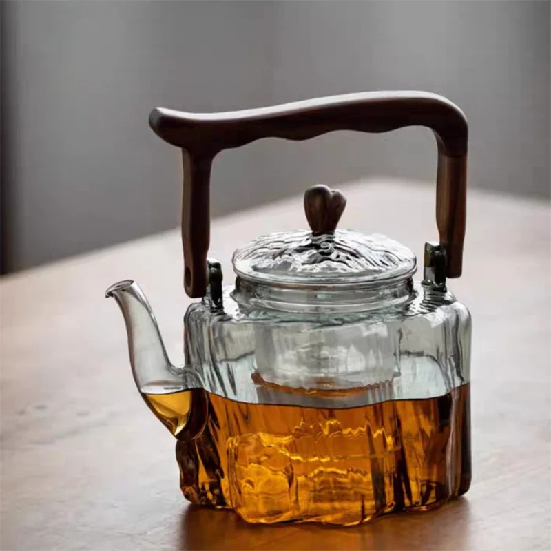 1300ML Bark Texture Glass Teapot With Wooden Beam Large Capacity Steaming and Cookig Tea Pot Kungfu Tea Set Teaware