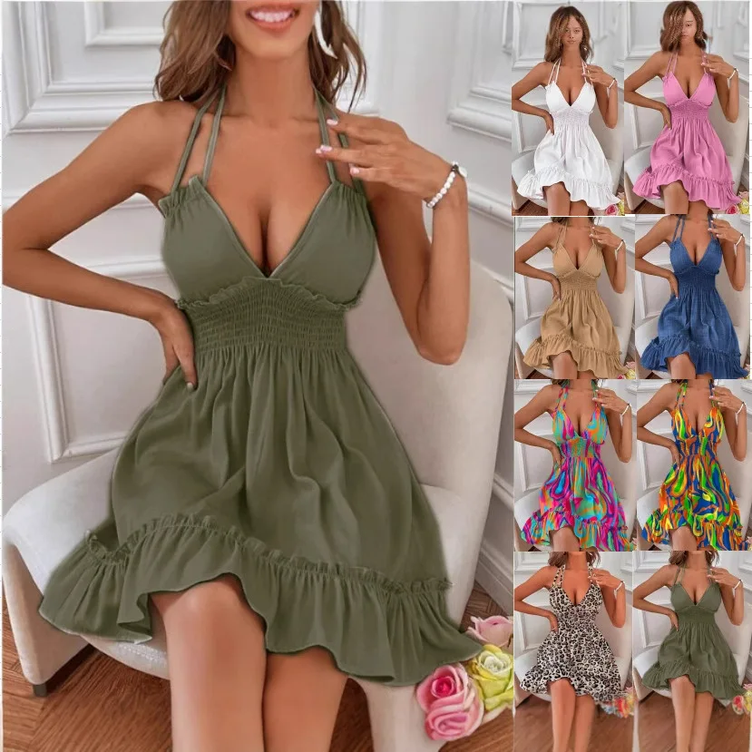 Women's Clothing European Dresses Popular Deep V-Rope Suspender Black Fungus Edge Parallel Wrinkled Seam Backless Sexy Dress