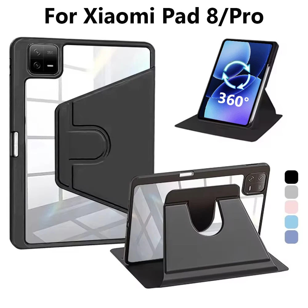 

For Xiaomi Pad 8 11.2 Inch 2025 360° Rotating Acrylic Case Transparent Shockproof Cover With Pen Slot Anti-Scratch Tablet Shell
