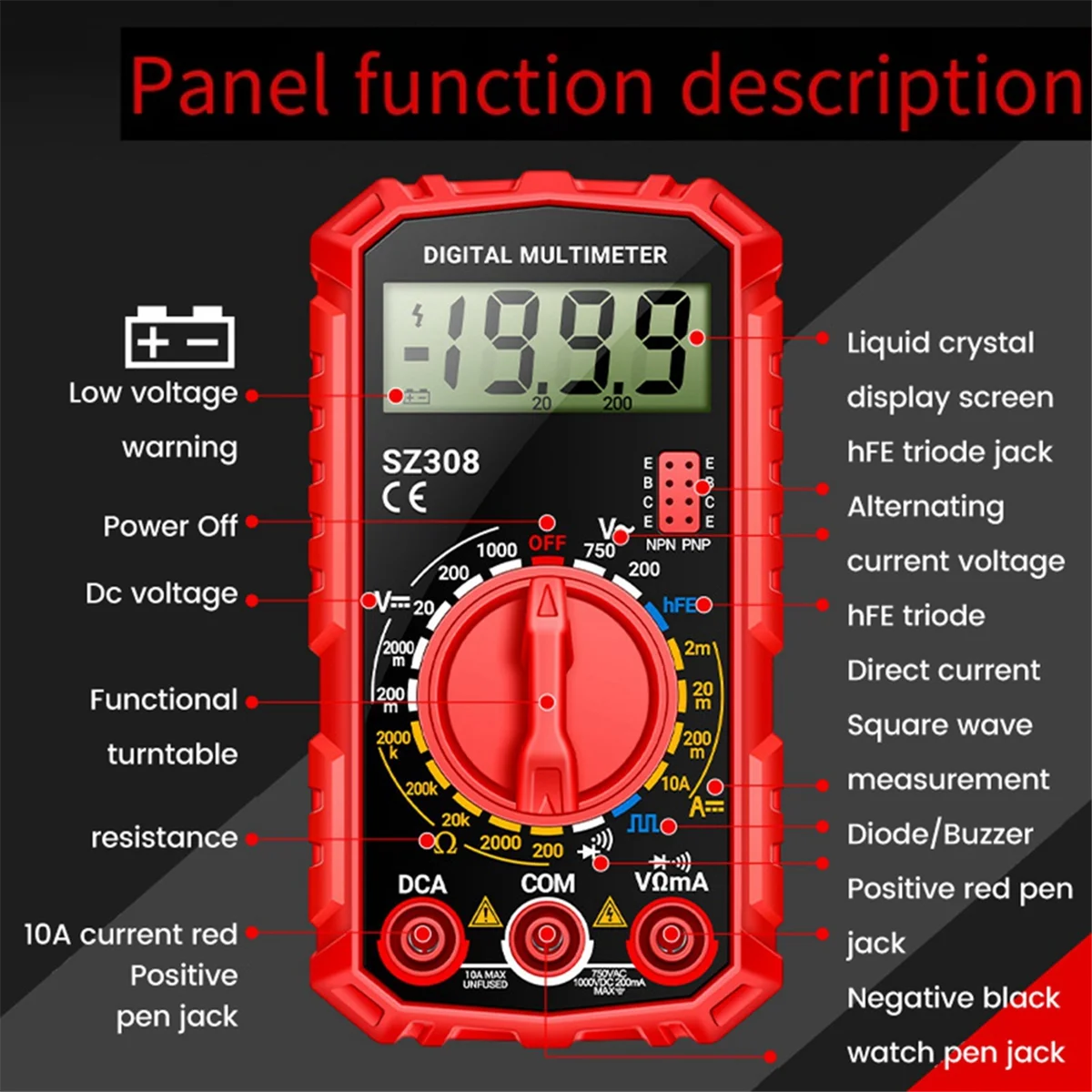 SZ308 Digital Multimeter Voltage Resistance Meter AC/DC Current Meter Electrician LCD Backlight Ohm Square Wave Test A