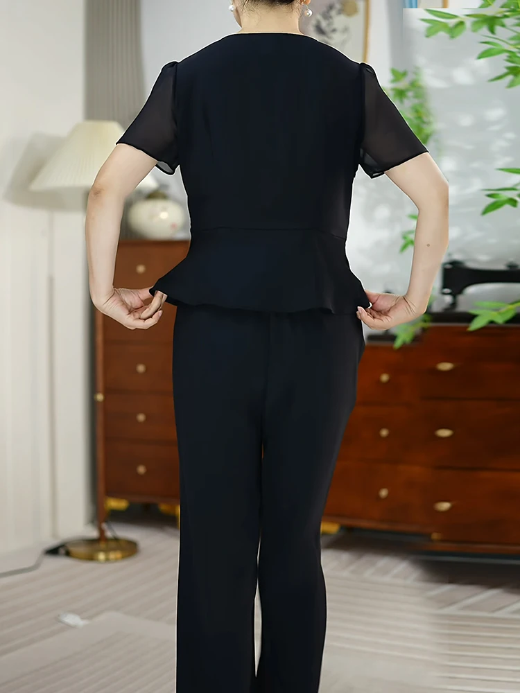 Elegant Slimming Short Sleeve Two-Piece Set for Middle-Aged And Elderly Mothers Summer Breathable Standard Version Ladies Suit