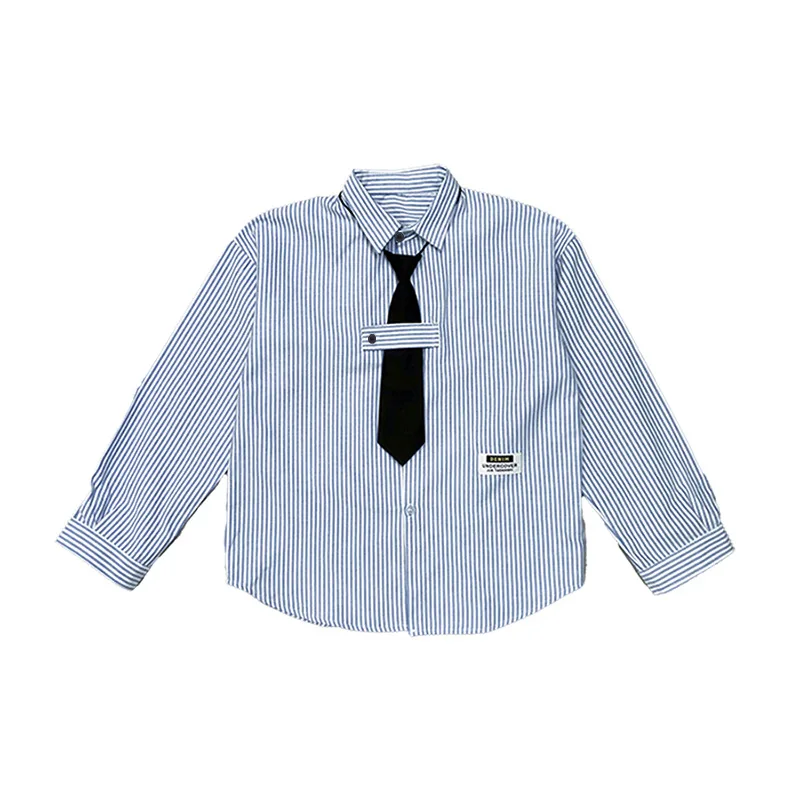 2024 Spring New Kids Vertical Stripes Shirts Boys Turn-down Collar Loose Casual Shirt with Necktie