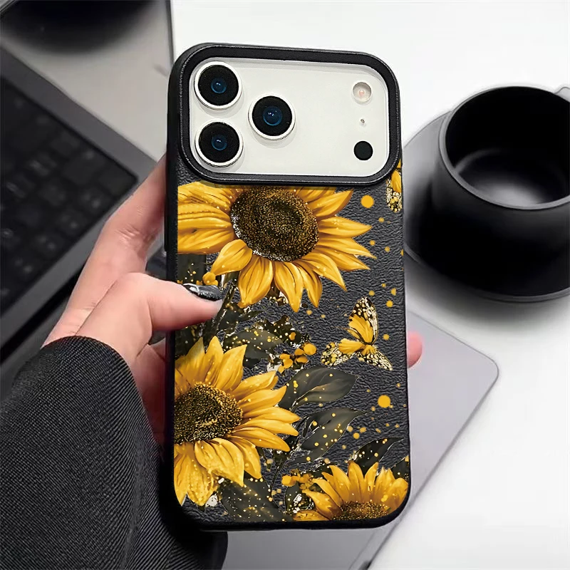 Leather Texture TPU Phone Case For iPhone 17 17e 16e 16 15 Pro Max 14 13 Pro Max 11 Sunflower Pattern Soft Silicone Back Cover