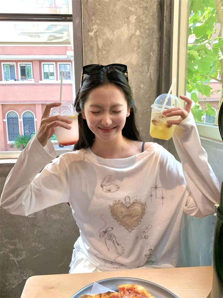 ADAgirl Kawaii White Long Sleeve T-shirts for Women Anime Cartoon Graphic Oversized Tees O-neck Casual Loose Autumn Clothes Chic