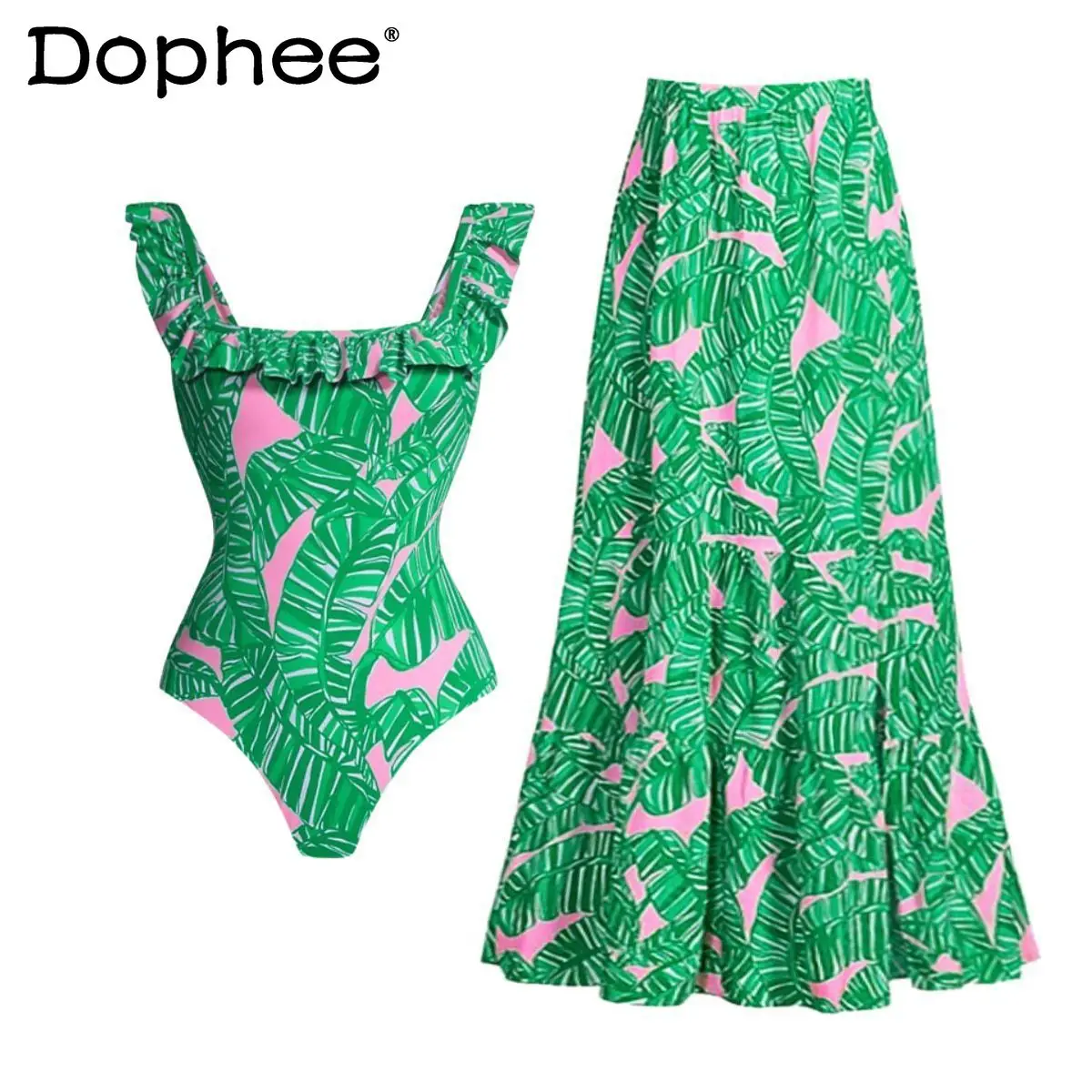 Summer Hot Sale Swimsuit Suit Flounce Green Printing One-Piece Swimsuit Suit Female 2024 European Swimwear New Swimsuit Women