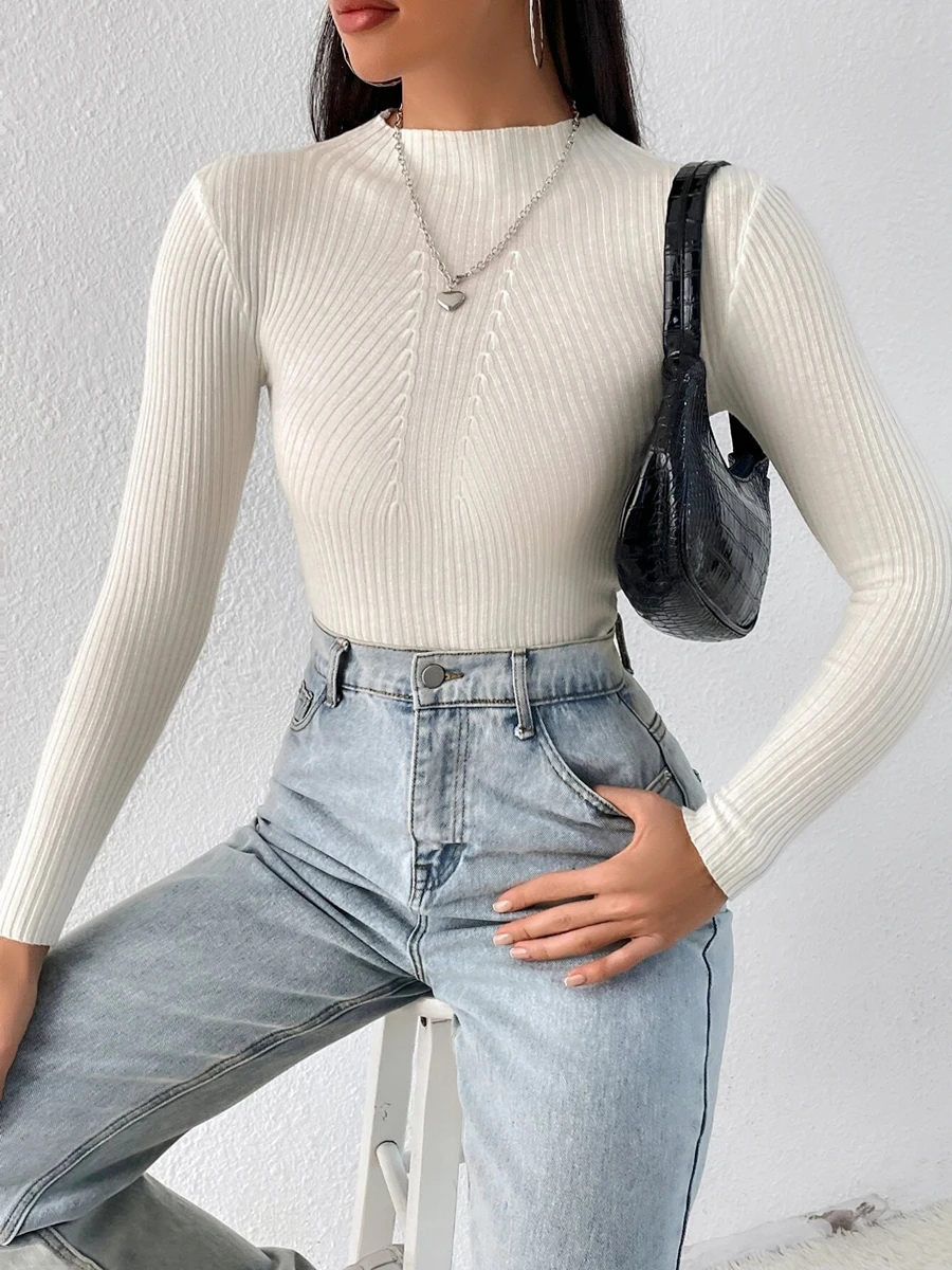 New Autumn Winter Women Striped Solid Slim Y2k Turtleneck Blouse Sweater Pull Fashion Knitwears Pullovers Clothing Jumper Top