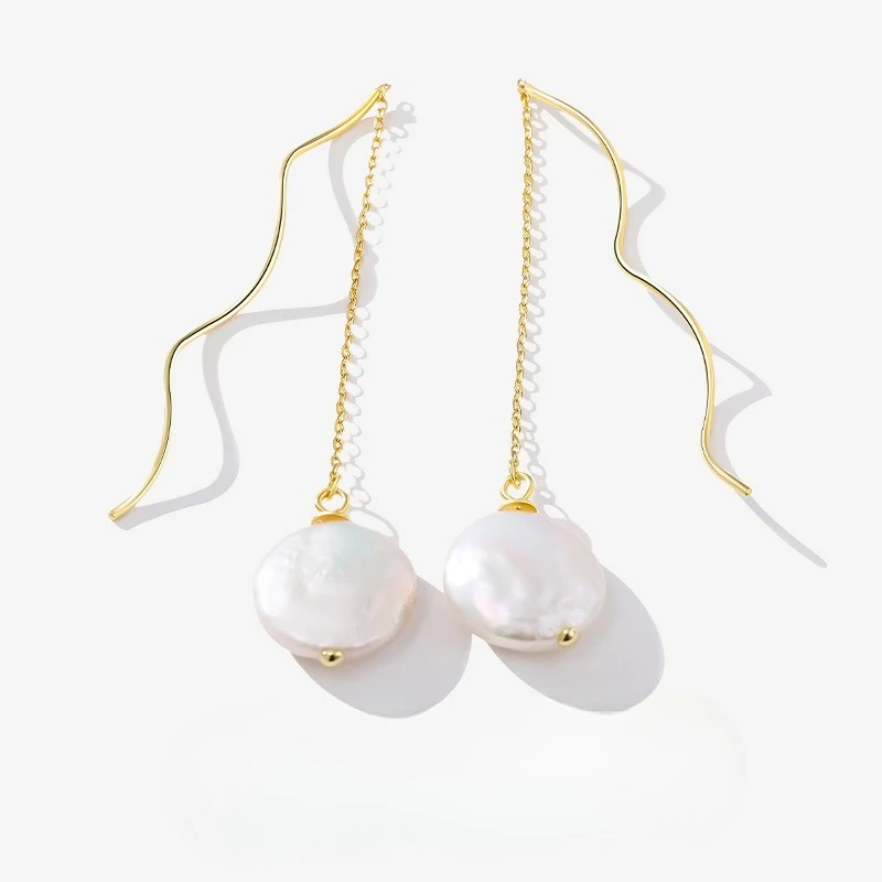 New S925 Silver Button Baroque Earrings Fashionable Ins Minimally Shaped Pearl Long Wave Earline Wedding Jewelry