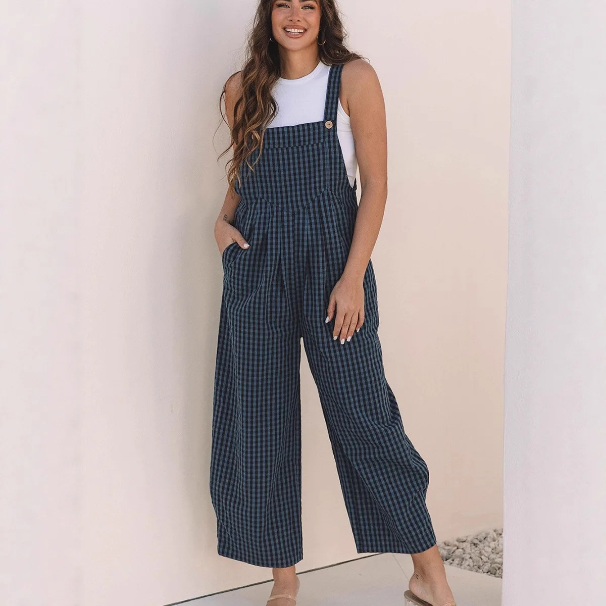 

Fashion Plaid Print Strap Jumpsuit for Women 2025 Summer New Vintage Loose High Waist Jumpsuit for Women