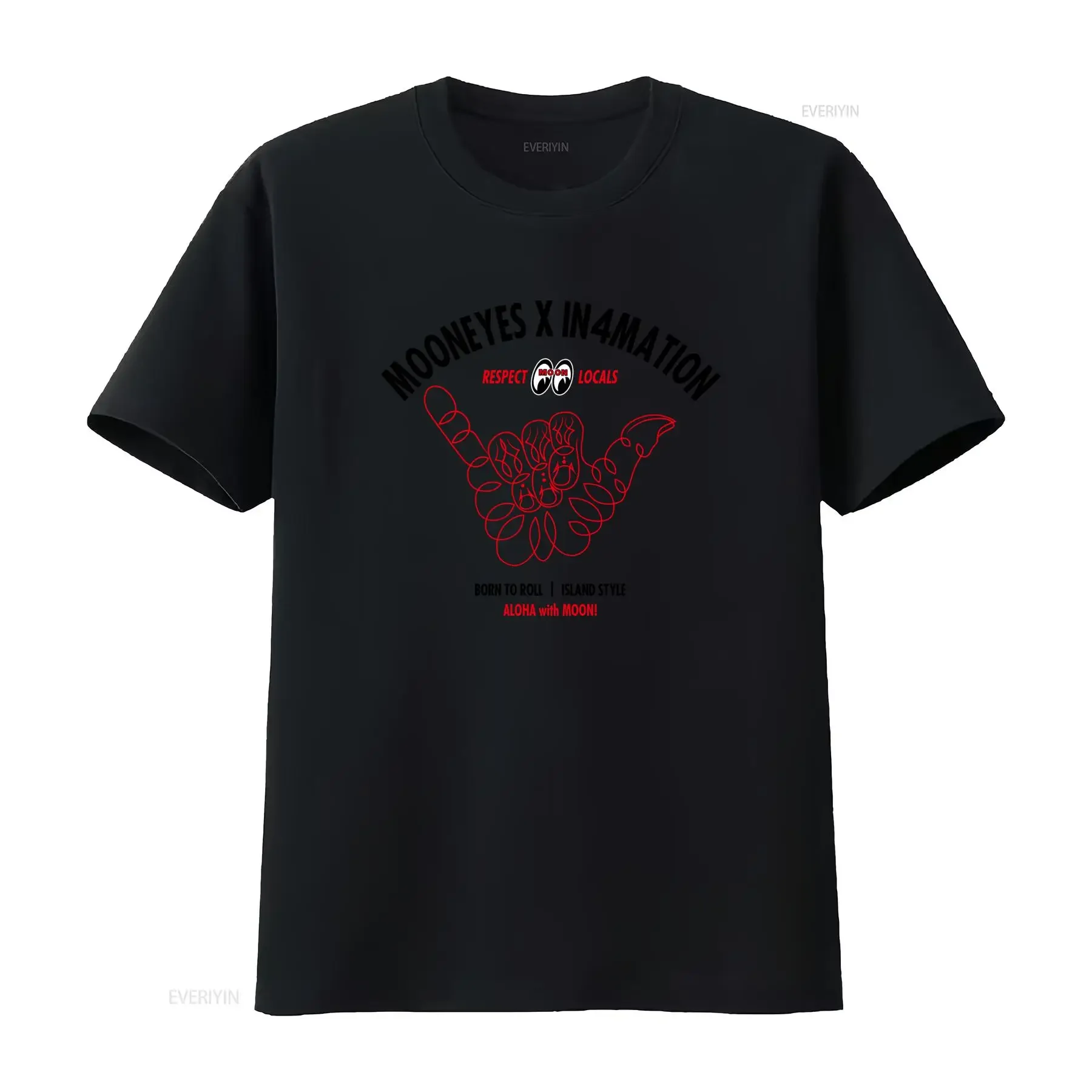 Camiseta negra oficial de doble cara In4mation x Mooneyes Aloha With Moon, estilo vintage Respect Locals Born To Roll Island