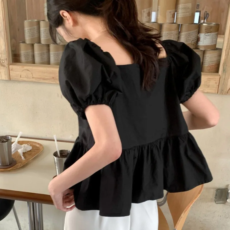 Square Collar Shirts & Blouses Puff Short Sleeve Blusas Single Breasted Camisas Korean Ins Ropa Mujer Summer 2024 New Tops