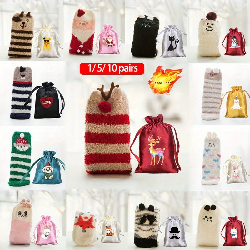 

Cute Animal Design Deer Christmas socks Gift 3D Fluffy Coral Velvet Thick Warm Winter Sock For Women new Year gift Sox with bag