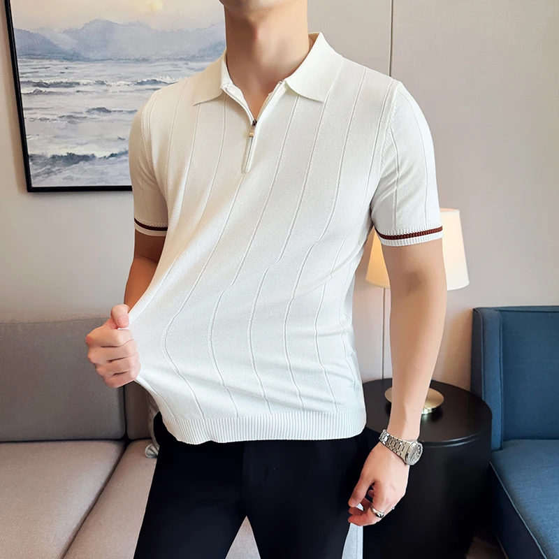 High Elastic Slim Fit Men Short Sleeve Knitted Polo Shirt 2024 Summer Light Thin Solid Striped Casual Lapel T-shirt Men Clothing