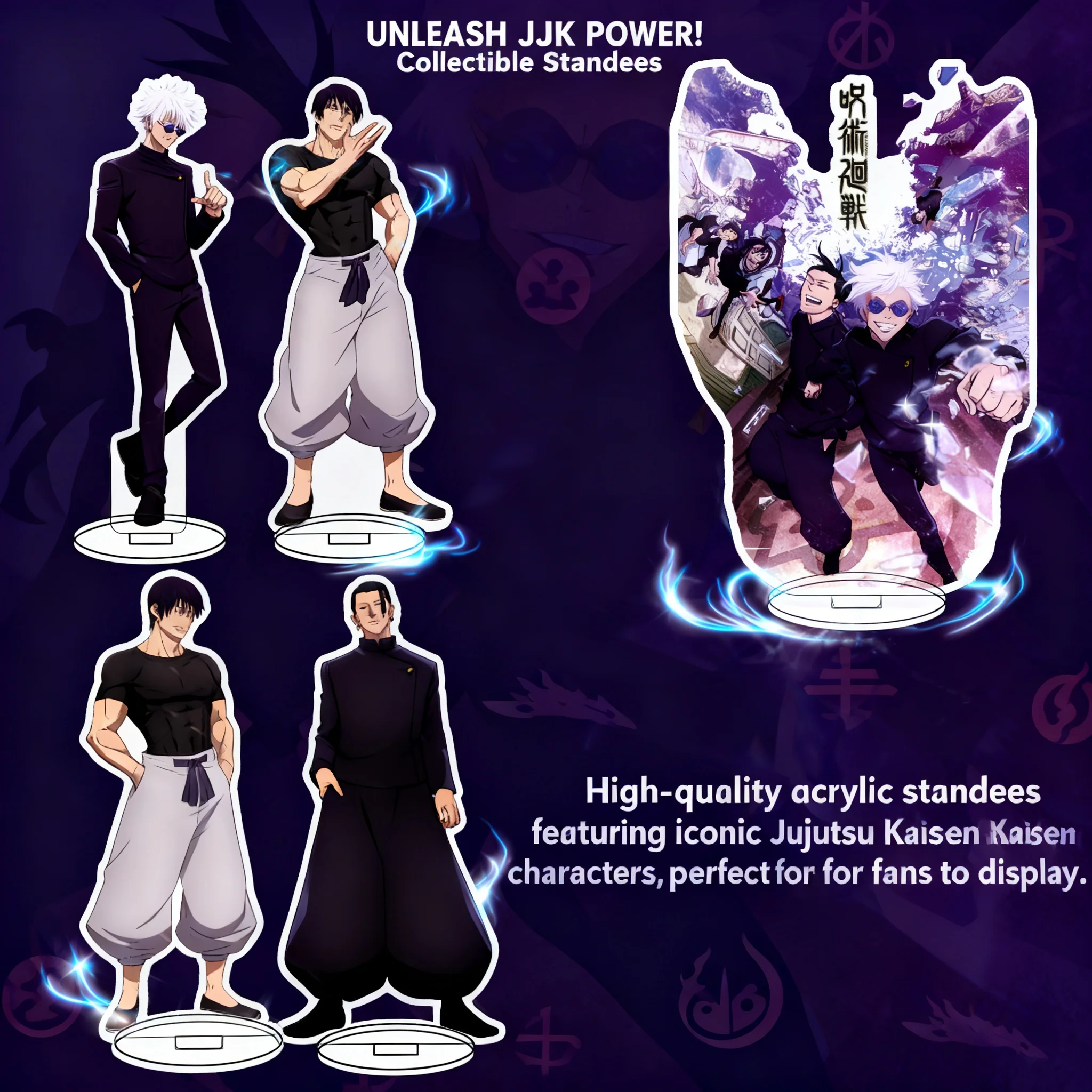 

Акриловая подставка-брелок с фигурками персонажей Jujutsu Kaisen: Годжо Сатору, Гето Сугуру, Фушигуро Тоуджи. Коллекционный декор.