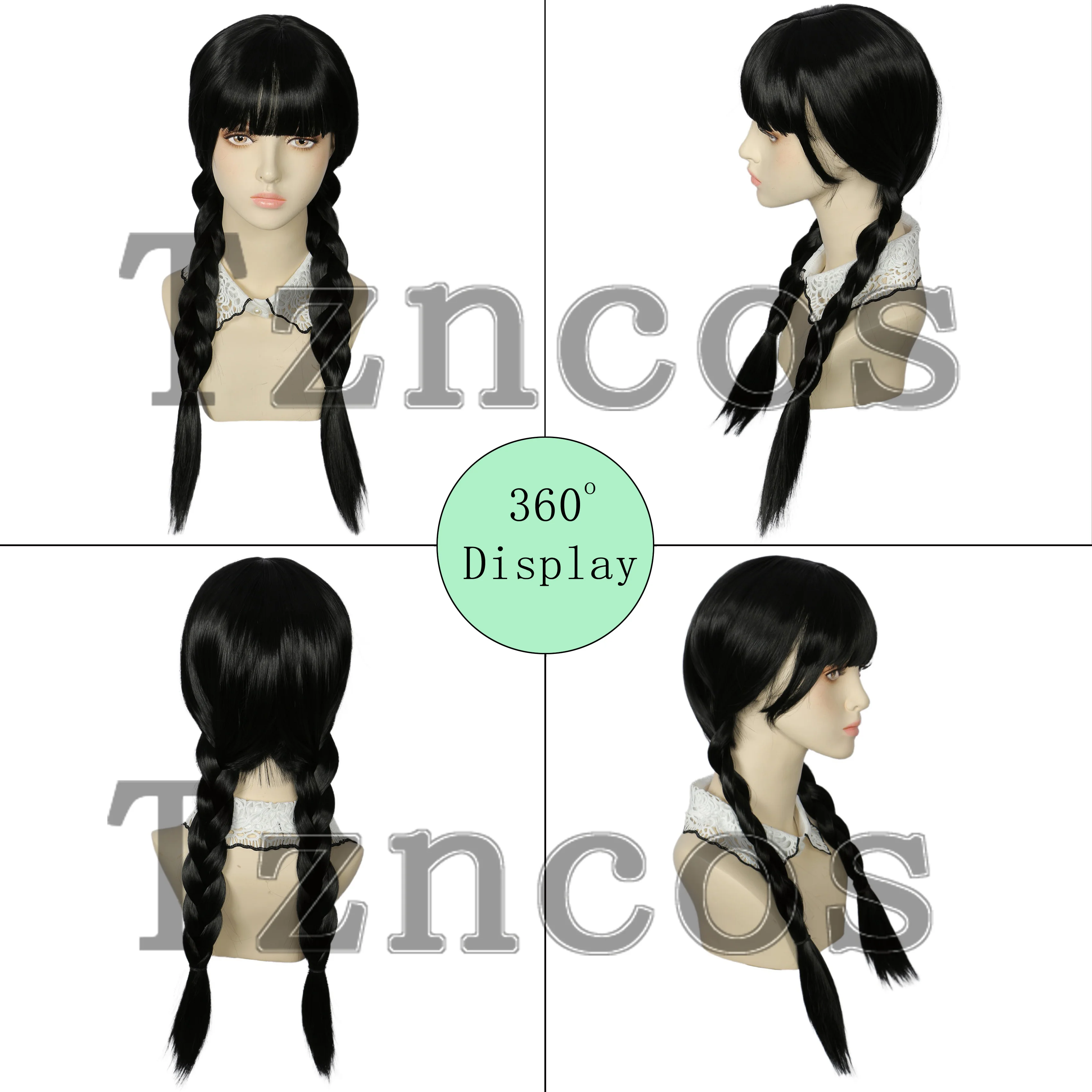 Tzncos Wednesday Addams Cosplay Wig Black Braided Wig With Bangs For Halloween Party Looks