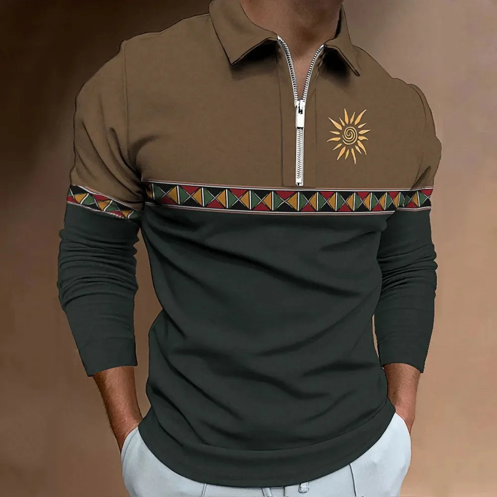 Camisas polo estampadas com bloqueio colorido masculina, roupa de golfe lapela, tops de manga comprida, com zíper casual, moda retrô, esporte