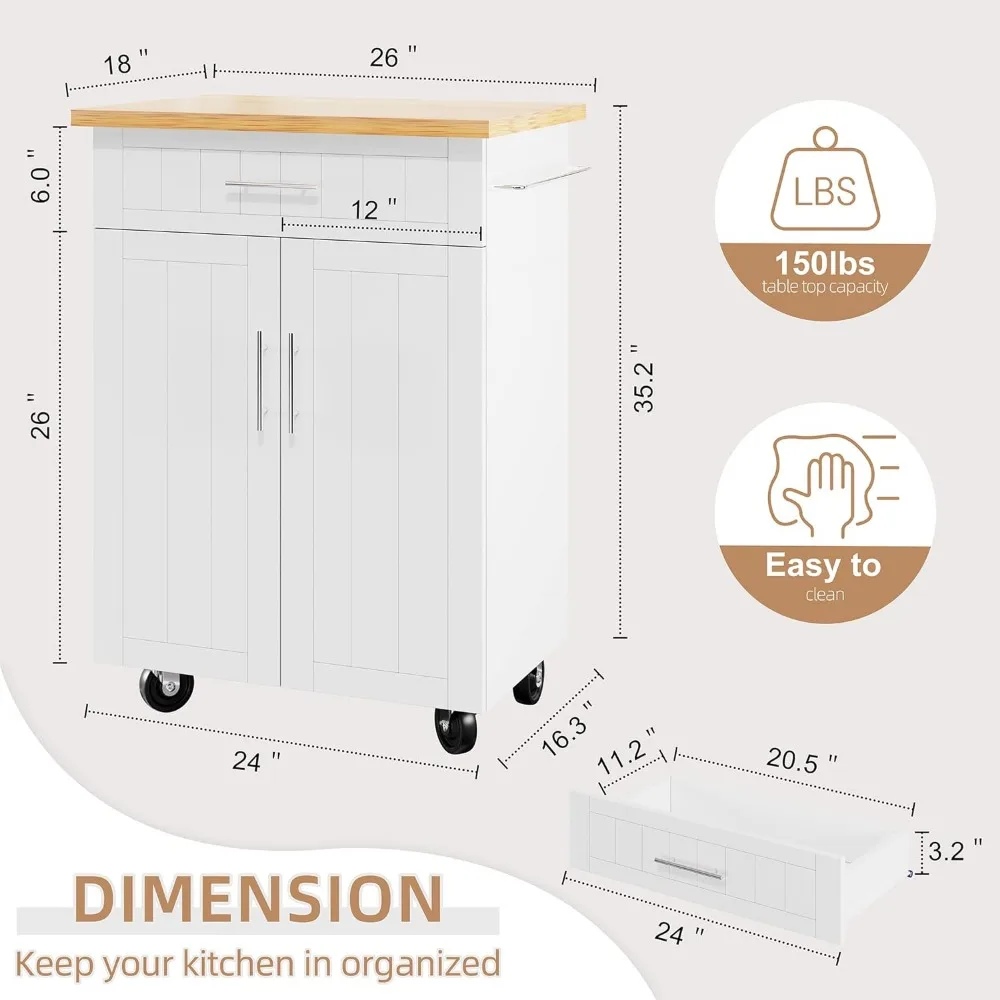 Mesa auxiliar rodante con ruedas, armario de Bar con encimera grande, toallero y cajones para cocina, comedor, blanco