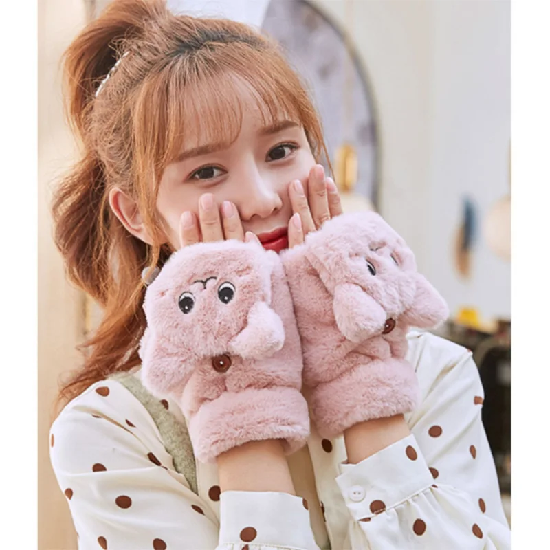 Cartoon Bear Cat Rabbit Gloves Fur Glove Women Winter for Women Girls Animal Ear Fold Plush Glove Fingerless Thicken Warm Mitten