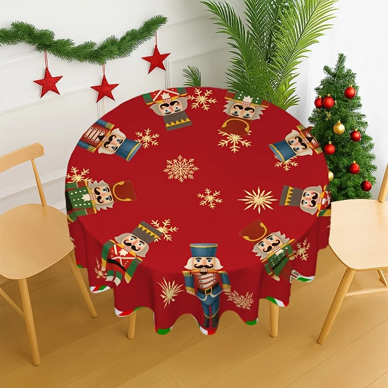 1-Pack Red Nutcracker Christmas Round Tablecloth, Party Christmas Home Decor