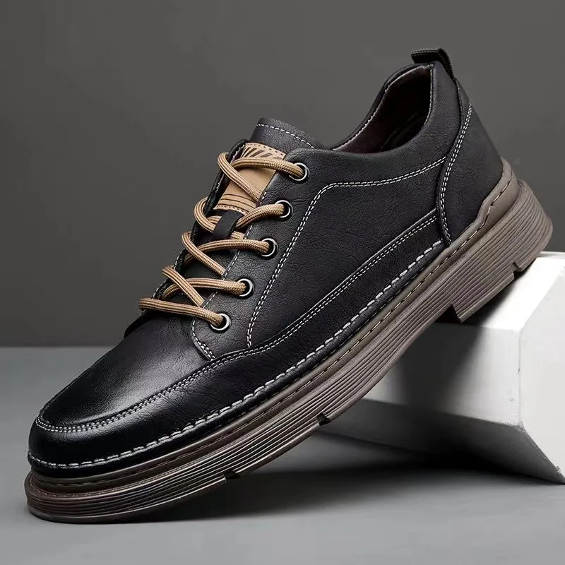 

Autumn New Sports Leather Board Shoe for Men Solid Color Fashion Casual Sneakers Male Lace Soft Sole Lace Driving Shoes Nab
