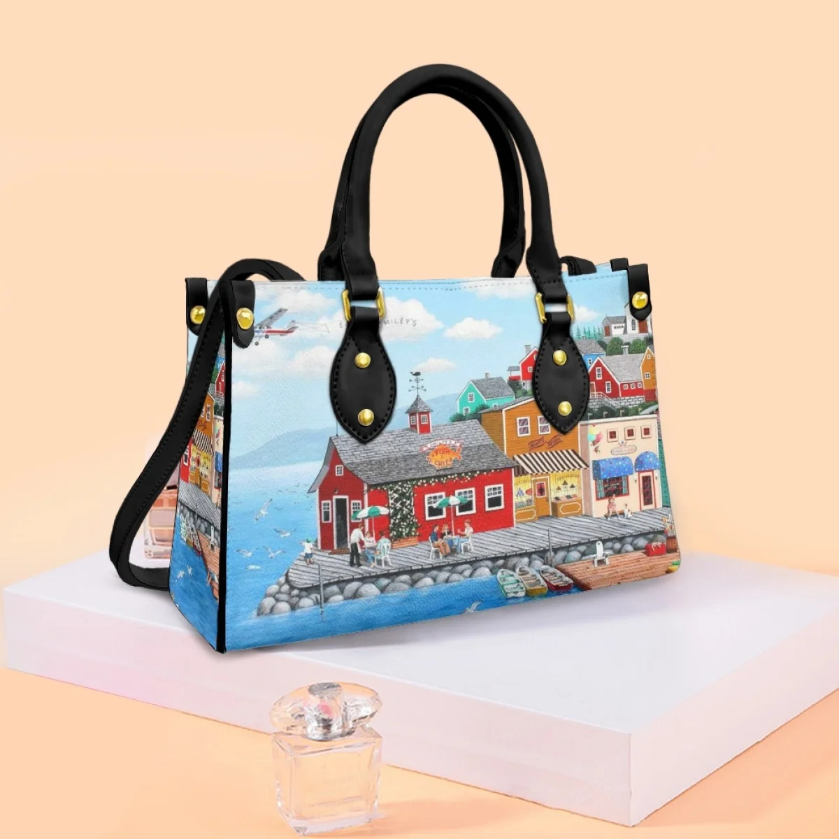 FORUDESIGNS Female Handbags Oil Painting Construction Printed Handle Shoulder Bag Leather Fashion Totes Cross Body Bags