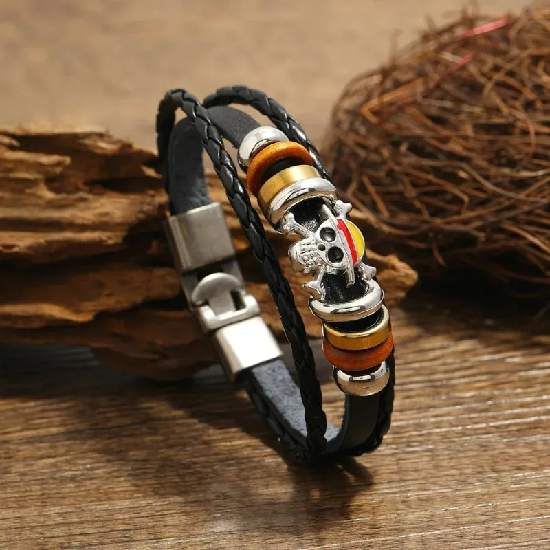 1Pcs  Anime Cartoon  Woven Bracelet Cosplay Accessories Straw Hat Skull Pirate Multilayer Buckle Ring Birthday Gift view 4