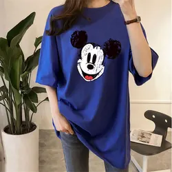 Camiseta feminina tamanho grande dos desenhos animados mickey mouse impressão de manga curta verão solto cor sólida camiseta estudante meados de comprimento fino topo