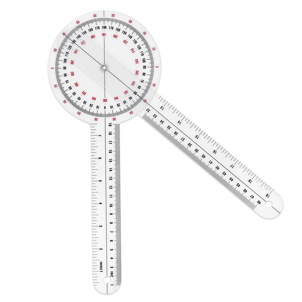 Goniometer 12 inci, penggaris sudut ortopedi transparan, Goniometer plastik 360 derajat Goniometer tulang belakang untuk pengukuran tubuh