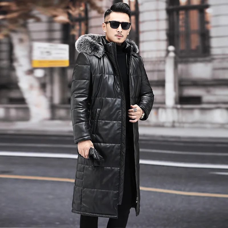 

Winter Men's Sheepskin Long Windbreaker Coats Male Casual Parka Down Leather Jackets Fox Hair Collar Hooded Plus Size Overcoat