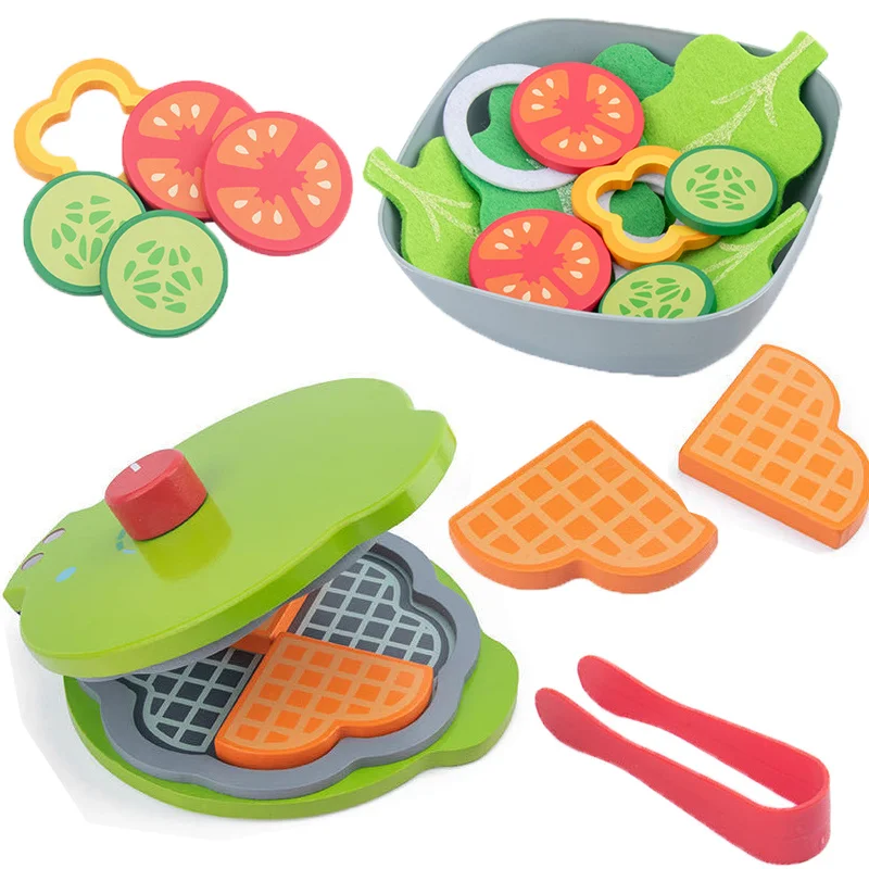 Wooden Simulation Toaster Salad Vegetable Children's Kitchen Toys Boys and Girls Play House Cooking Kitchen Set