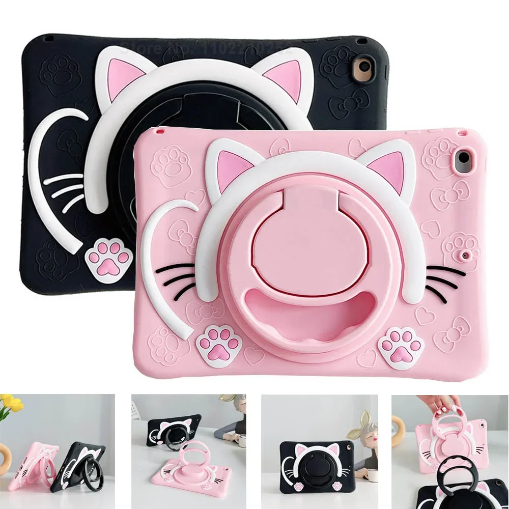 Kids Case For iPad Pro 11 2024 M4 Silicon Cute Cartoon Cat Face Soft Tablet Cover for iPad Air 11 M2 with 360 Rotating Stand