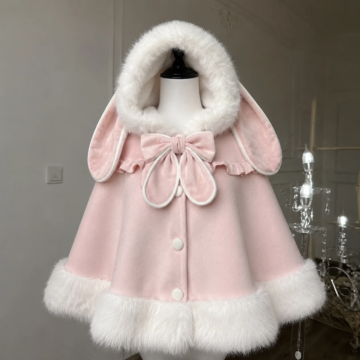 Sweet Kawaii Lolita Poncho Cape For Women Autumn Winter Bow Ruffle Warm Loose Cloak Outerwear Cosplay Daily Party Clothing