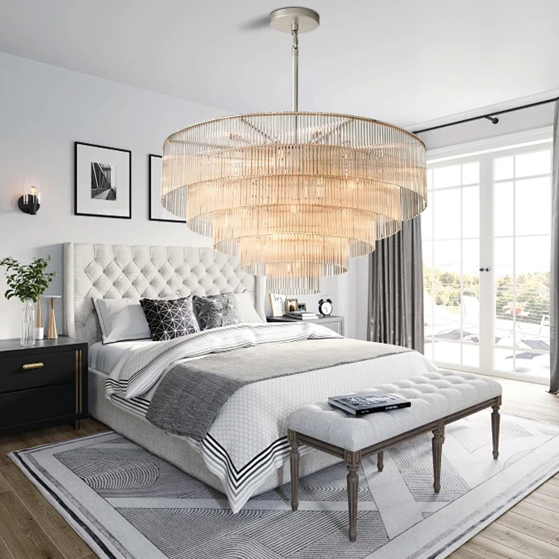 

Bedroom Decoration Round Minimalist Glass Crystal Ceiling Pendant Lights Foyer Two-storey Room Decor Large Pendant Lamp Gold